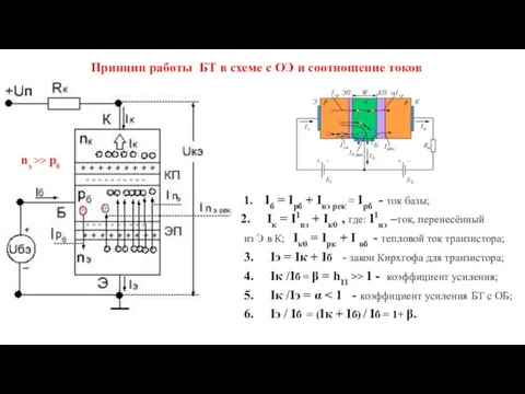 Принцип работы БТ в схеме с ОЭ и соотношение токов nэ