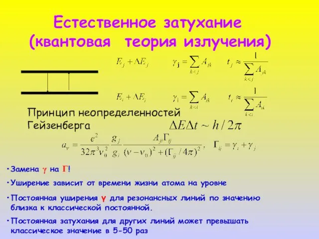 Естественное затухание (квантовая теория излучения) Принцип неопределенностей Гейзенберга Замена γ на