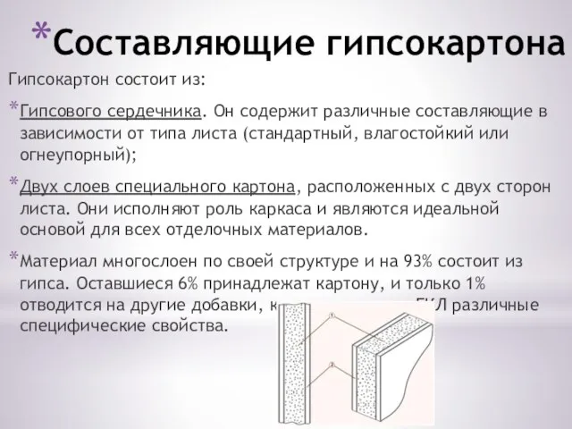 Составляющие гипсокартона Гипсокартон состоит из: Гипсового сердечника. Он содержит различные составляющие