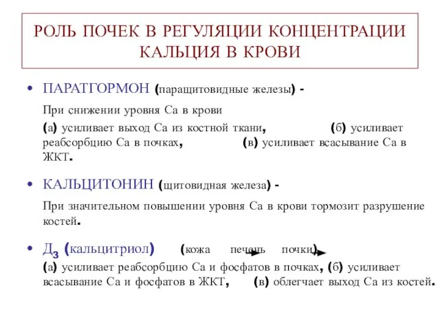 РОЛЬ ПОЧЕК В РЕГУЛЯЦИИ КОНЦЕНТРАЦИИ КАЛЬЦИЯ В КРОВИ ПАРАТГОРМОН (паращитовидные железы)