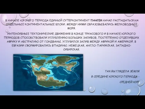 В НАЧАЛЕ ЮРСКОГО ПЕРИОДА ЕДИНЫЙ СУПЕРКОНТИНЕНТ ПАНГЕЯ НАЧАЛ РАСПАДАТЬСЯ НА ОТДЕЛЬНЫЕ
