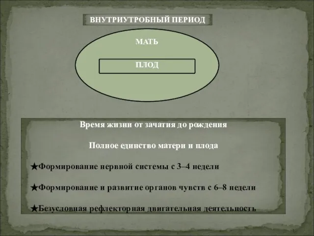 ВНУТРИУТРОБНЫЙ ПЕРИОД Время жизни от зачатия до рождения Полное единство матери