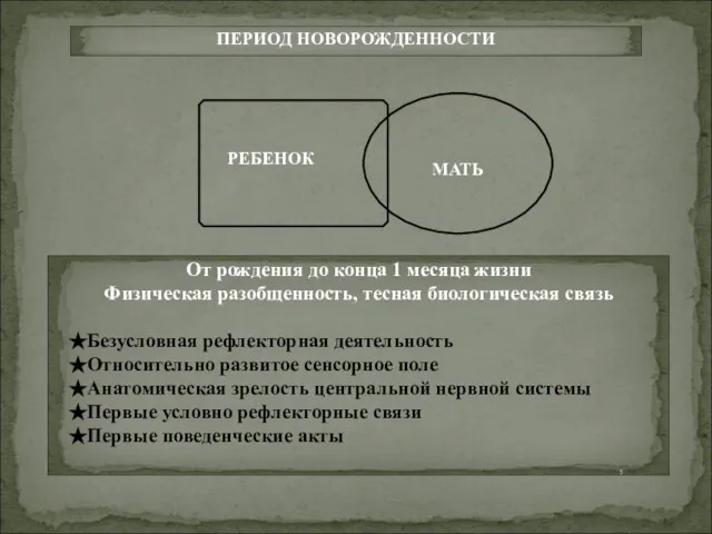 ПЕРИОД НОВОРОЖДЕННОСТИ От рождения до конца 1 месяца жизни Физическая разобщенность,