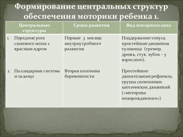 Формирование центральных структур обеспечения моторики ребенка 1.