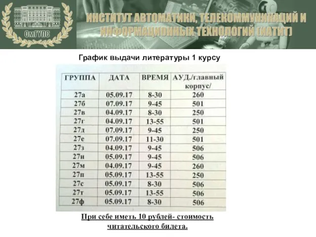 График выдачи литературы 1 курсу При себе иметь 10 рублей- стоимость читательского билета.