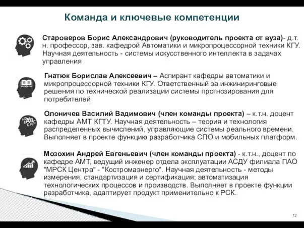 Команда и ключевые компетенции Староверов Борис Александрович (руководитель проекта от вуза)-