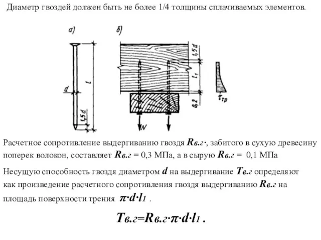 Диаметр гвоздей должен быть не более 1/4 толщины сплачиваемых элементов. Расчетное