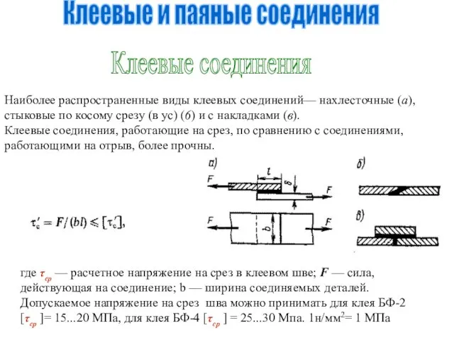 Клеевые и паяные соединения Клеевые соединения где τср — расчетное напряжение