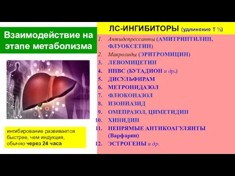 ЛС-ИНГИБИТОРЫ (удлинение Т ½) Взаимодействие на этапе метаболизма Антидепрессанты (АМИТРИПТИЛИН, ФЛУОКСЕТИН)