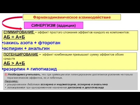 СИНЕРГИЗМ (аддиция) СУММИРОВАНИЕ – эффект простого сложения эффектов каждого из компонентов: