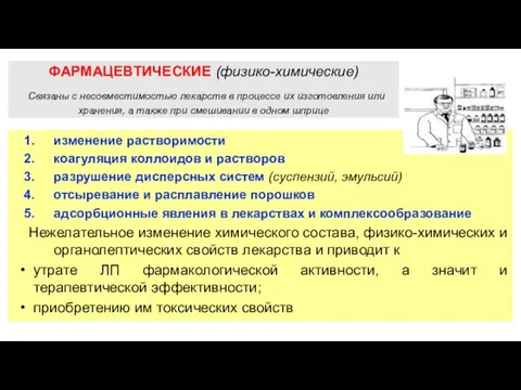 ФАРМАЦЕВТИЧЕСКИЕ (физико-химические) Связаны с несовместимостью лекарств в процессе их изготовления или