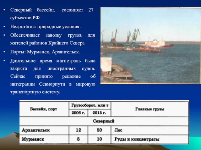 Северный бассейн, соединяет 27 субъектов РФ. Недостаток: природные условия. Обеспечивает завозку