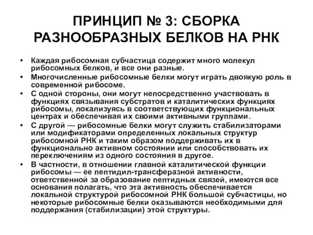 ПРИНЦИП № 3: СБОРКА РАЗНООБРАЗНЫХ БЕЛКОВ НА РНК Каждая рибосомная субчастица