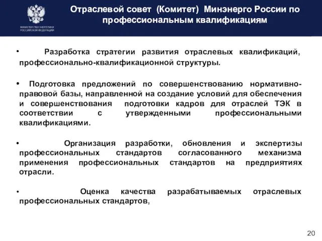 Отраслевой совет (Комитет) Минэнерго России по профессиональным квалификациям Разработка стратегии развития