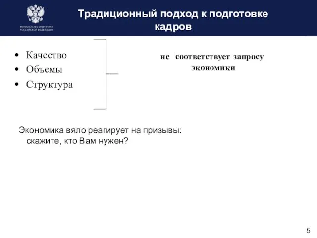 Традиционный подход к подготовке кадров Качество Объемы Структура не соответствует запросу