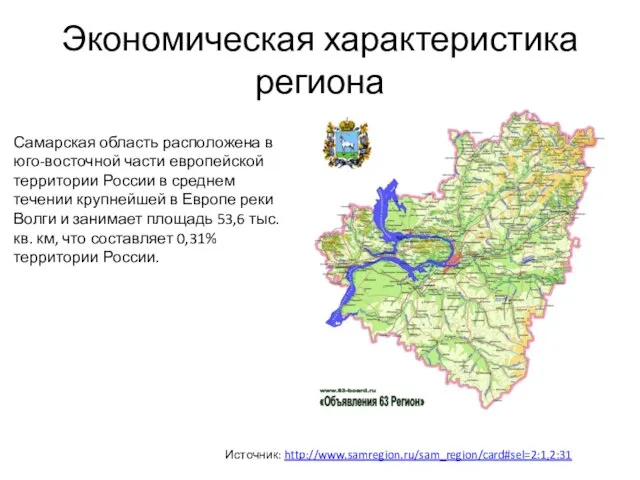 Экономическая характеристика региона Самарская область расположена в юго-восточной части европейской территории