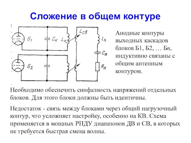 Сложение в общем контуре Необходимо обеспечить синфазность напряжений отдельных блоков. Для