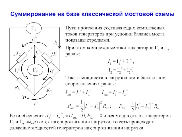 Суммирование на базе классической мостовой схемы Пути протекания составляющих комплексных токов