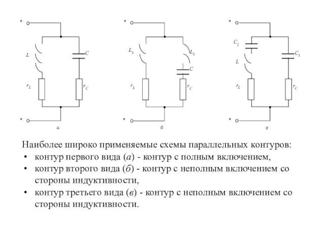 Наиболее широко применяемые схемы параллельных контуров: контур первого вида (а) -