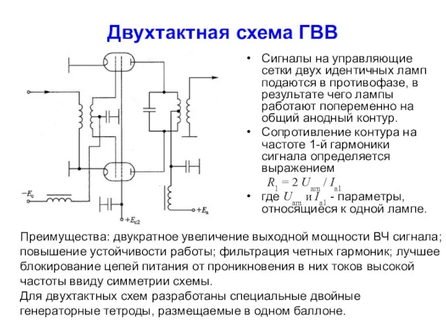 Двухтактная схема ГВВ Сигналы на управляющие сетки двух идентичных ламп подаются