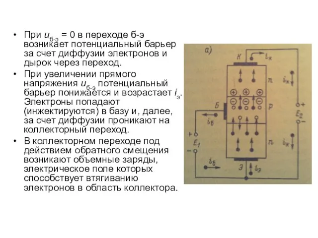 При uб-э = 0 в переходе б-э возникает потенциальный барьер за