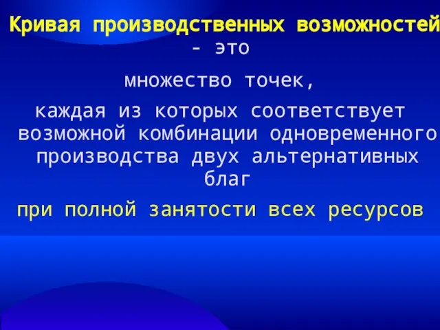 Кривая производственных возможностей - это множество точек, каждая из которых соответствует