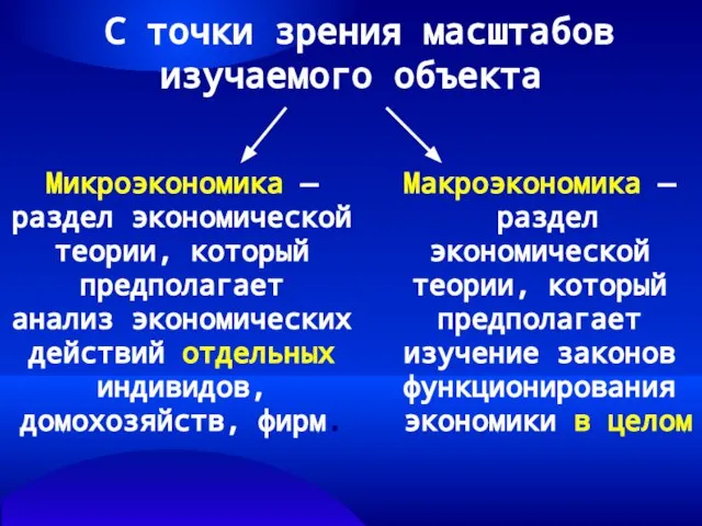 С точки зрения масштабов изучаемого объекта Микроэкономика — раздел экономической теории,