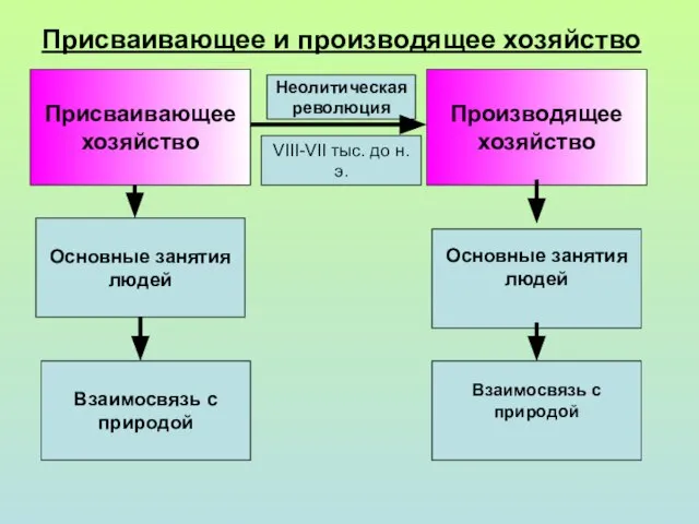 Неолитическая революция Присваивающее и производящее хозяйство Присваивающее хозяйство Производящее хозяйство VIII-VII