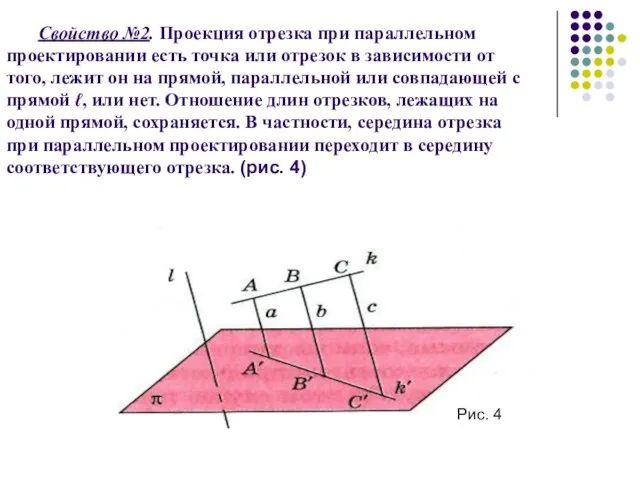 Свойство №2. Проекция отрезка при параллельном проектировании есть точка или отрезок