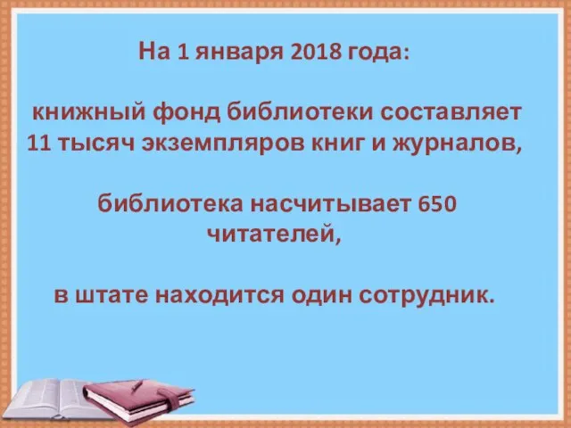 На 1 января 2018 года: книжный фонд библиотеки составляет 11 тысяч