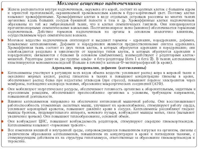 Мозговое вещество надпочечников Железа располагается внутри надпочечников, окружена его корой, состоит