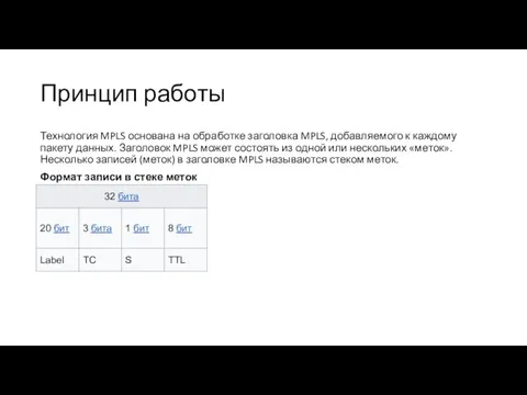 Принцип работы Технология MPLS основана на обработке заголовка MPLS, добавляемого к