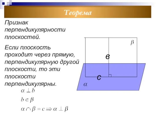 Теорема Признак перпендикулярности плоскостей. Если плоскость проходит через прямую, перпендикулярную другой