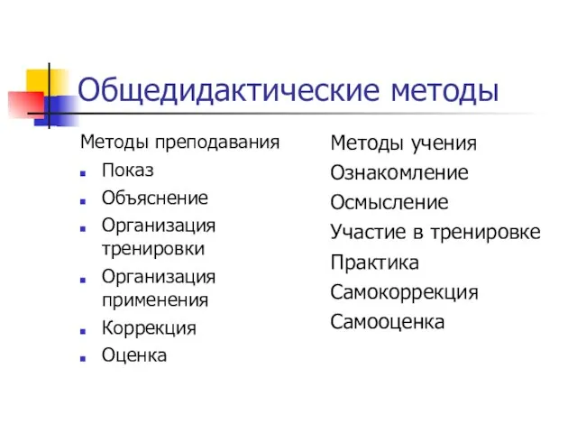 Общедидактические методы Методы преподавания Показ Объяснение Организация тренировки Организация применения Коррекция