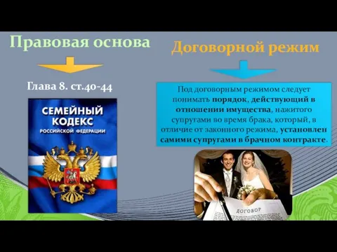 Под договорным режимом следует понимать порядок, действующий в отношении имущества, нажитого