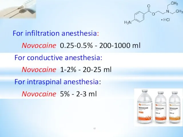 For infiltration anesthesia: Novocaine 0.25-0.5% - 200-1000 ml For conductive anesthesia: