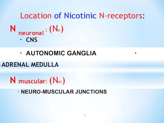 Location of Nicotinic N-receptors: N neuronal : (Nn) ∙ CNS ∙