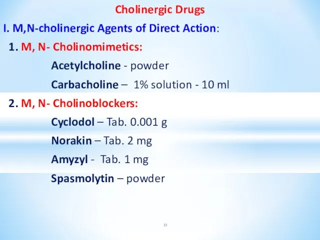 Cholinergic Drugs I. M,N-cholinergic Agents of Direct Action: 1. M, N-