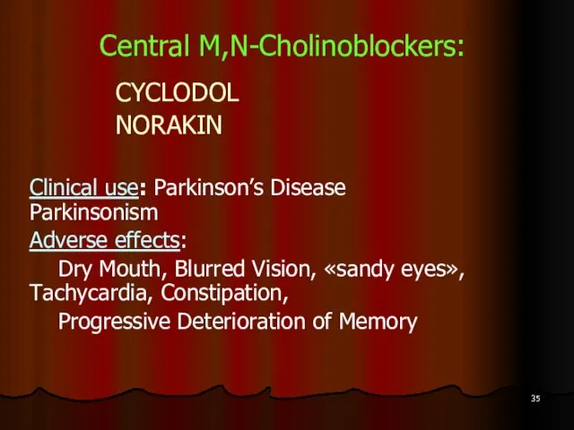 Central M,N-Cholinoblockers: CYCLODOL NORAKIN Clinical use: Parkinson’s Disease Parkinsonism Adverse effects: