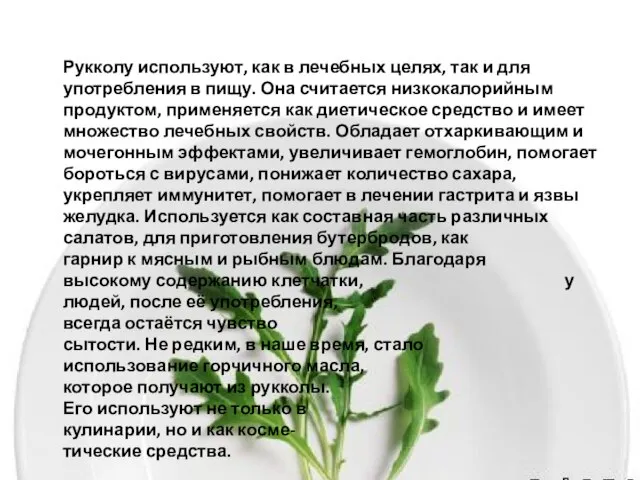 Рукколу используют, как в лечебных целях, так и для употребления в