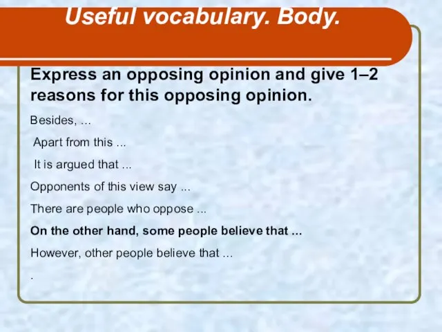 Useful vocabulary. Body. Express an opposing opinion and give 1–2 reasons