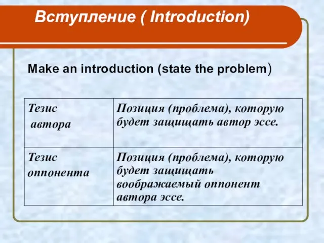 Вступление ( Introduction) Make an introduction (state the problem)