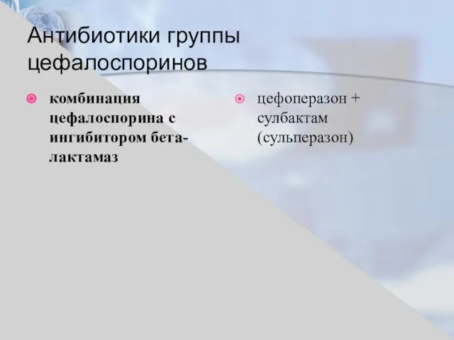 Антибиотики группы цефалоспоринов комбинация цефалоспорина с ингибитором бета-лактамаз цефоперазон + сулбактам (сульперазон)