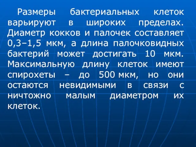 Размеры бактериальных клеток варьируют в широких пределах. Диаметр кокков и палочек