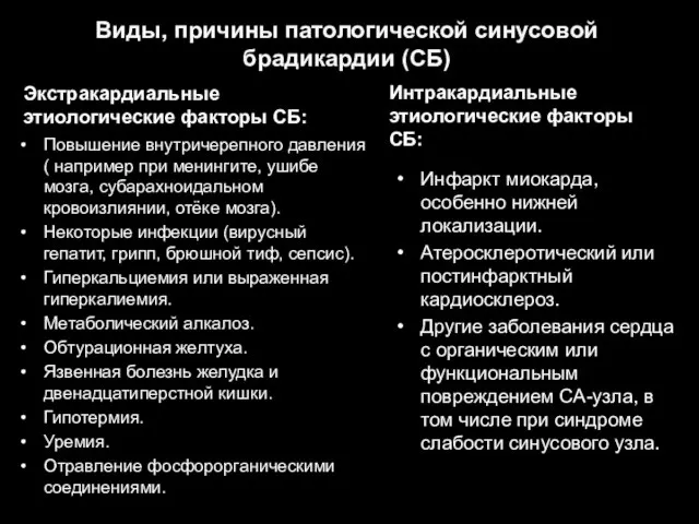 Виды, причины патологической синусовой брадикардии (СБ) Экстракардиальные этиологические факторы СБ: Повышение