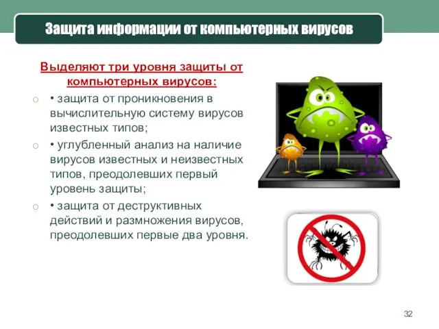 Защита информации от компьютерных вирусов Выделяют три уровня защиты от компьютерных