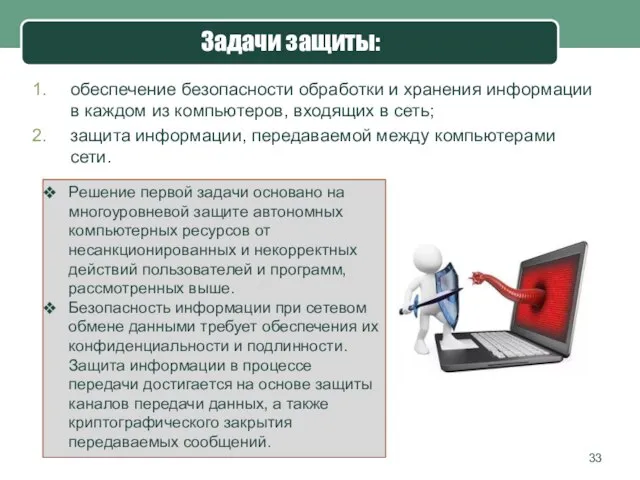 Задачи защиты: обеспечение безопасности обработки и хранения информации в каждом из