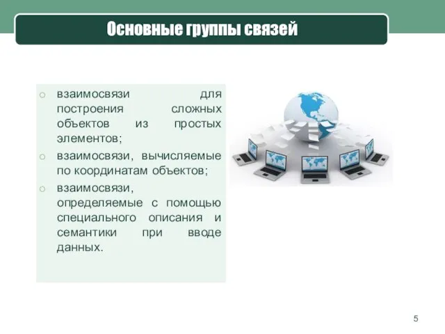 Основные группы связей взаимосвязи для построения сложных объектов из простых элементов;