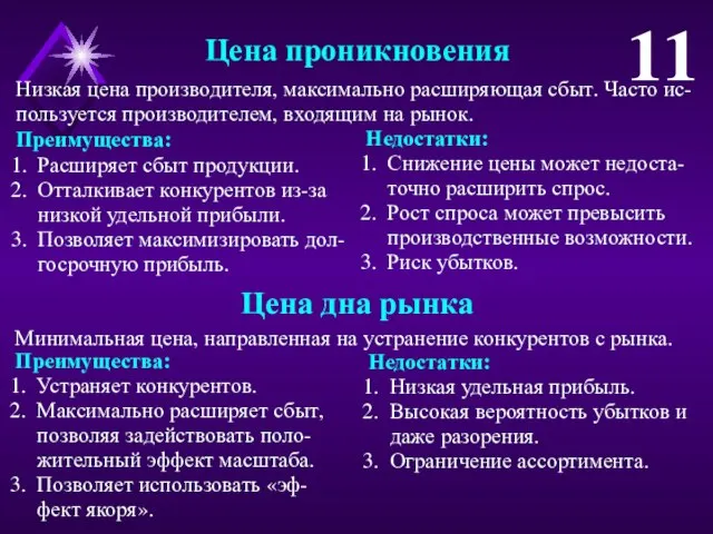 Цена проникновения 11 Минимальная цена, направленная на устранение конкурентов с рынка.