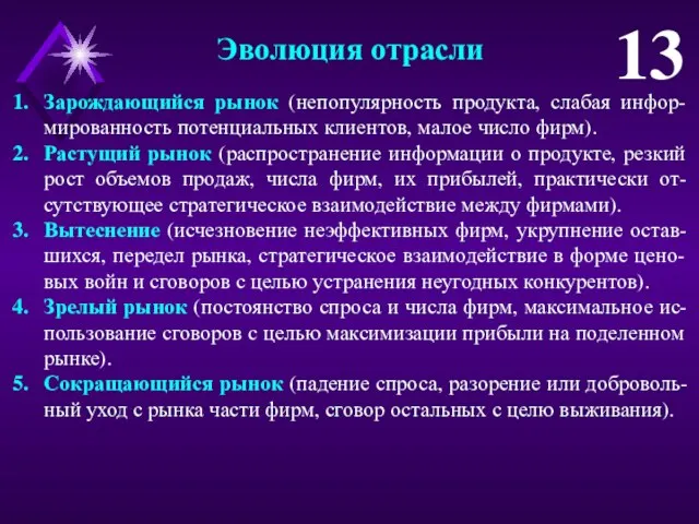 Эволюция отрасли 13 Зарождающийся рынок (непопулярность продукта, слабая инфор-мированность потенциальных клиентов,